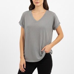 XIEERDUO Gray V Neck T Shirt Size S Rolled Sleeve Casual Everyday Top